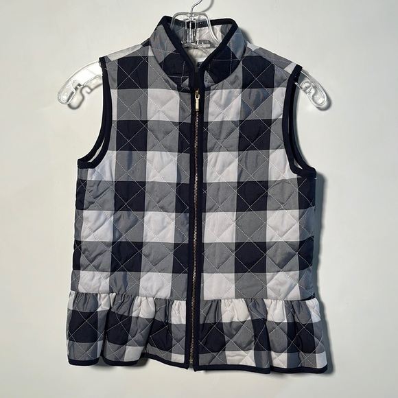 JANIE AND JACK NAVY & White Plaid Quilted Ruffle Vest w/ Gold Zipper SZ 10/12